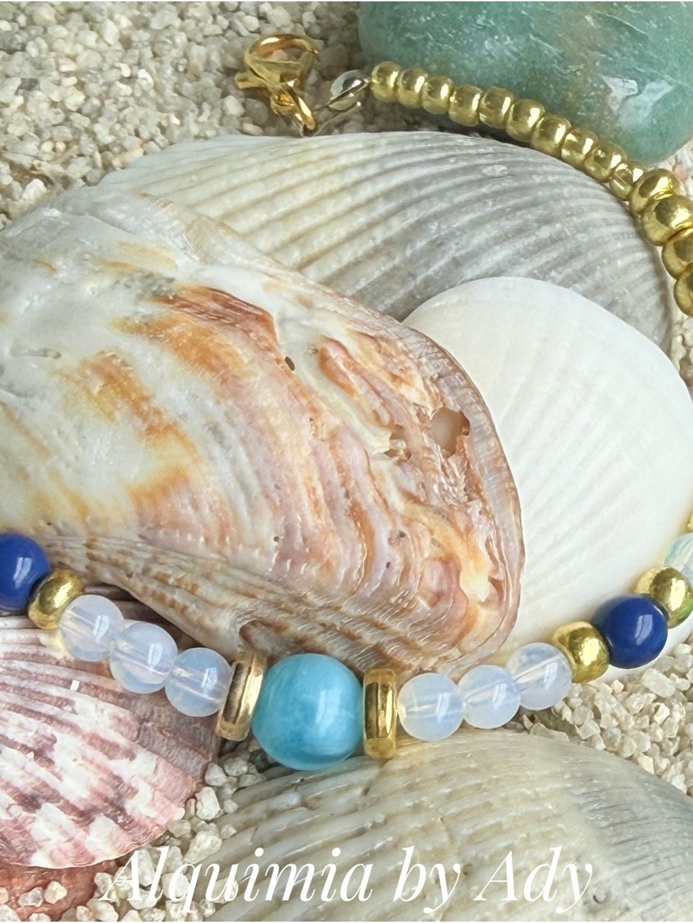 MOONSTONE Blue & Gold Beaded Bracelet with AQUAMARINE Accent